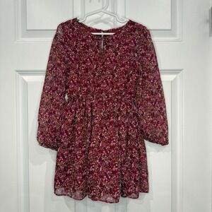 Little Lass Girls Burgundy Floral‎ Chiffon Long Sleeve Dress Size 6
